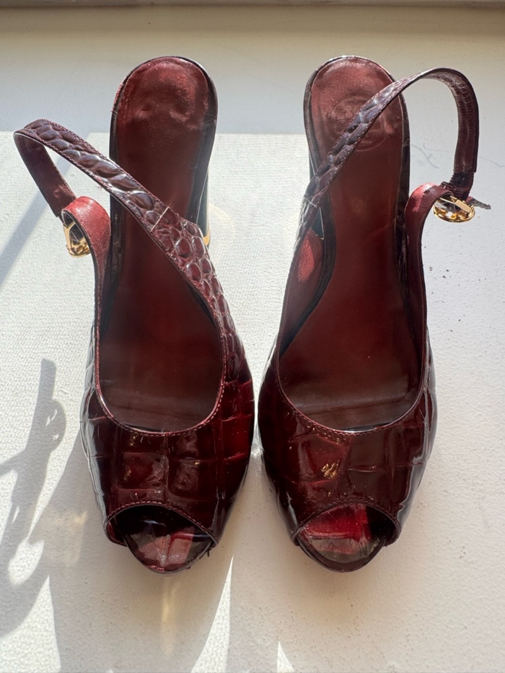Tory Burch Croc-Embossed Burgundy Peep-Toe Slingback Mules